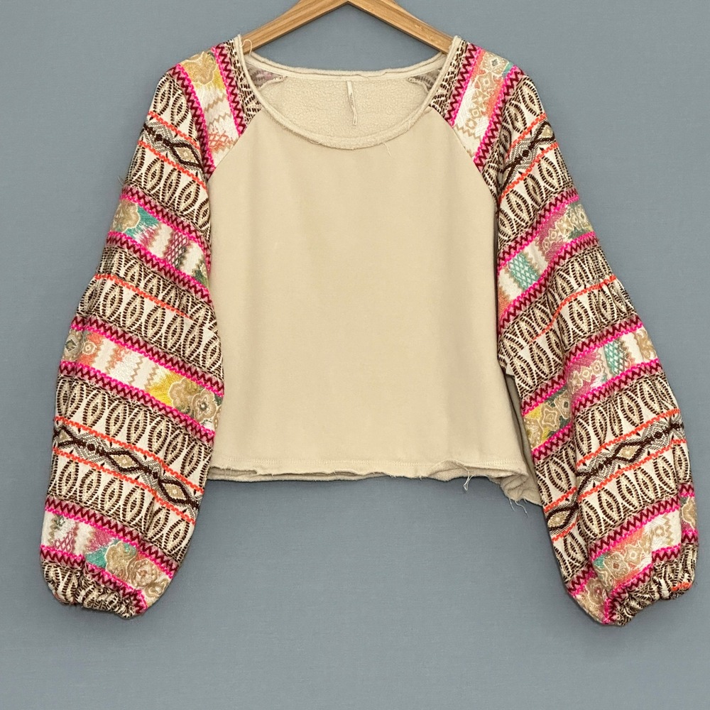 Free People Womens Top L Gone Global Embroidered Balloon Boho Tribal Southwest